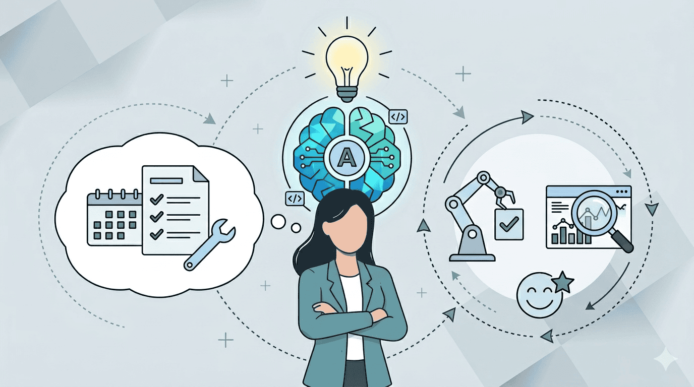 graphic of product manager surrounded by various bubbles with activities happening in them. Depicting AI Agents doing product management tasks.