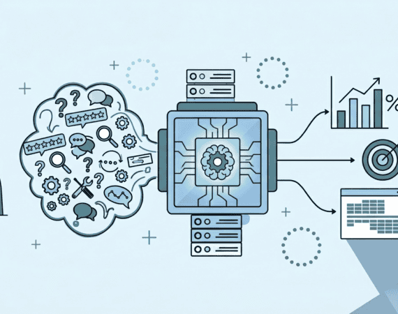 Graphic with a person on one side with messy data that goes into AI and comes out organized. represents using AI for market research