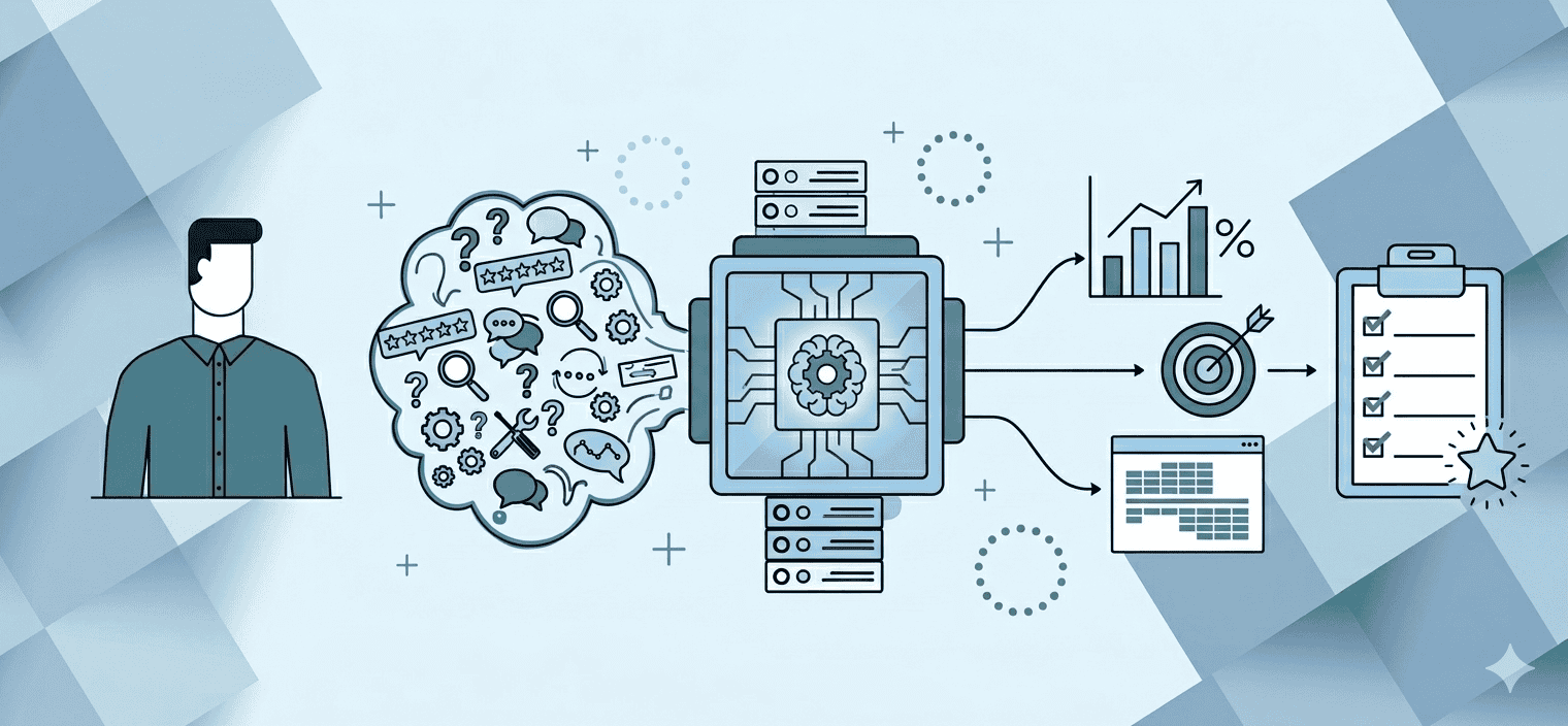 Graphic with a person on one side with messy data that goes into AI and comes out organized. represents using AI for market research