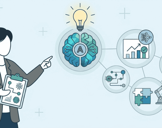 Graphic of female product manager with images behind depicting AI skills she is learning to stay ahead