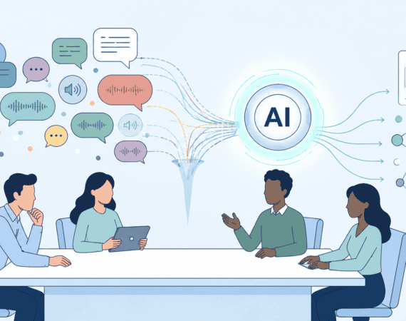 graphic depicting people around table with ai taking meeting notes for later use