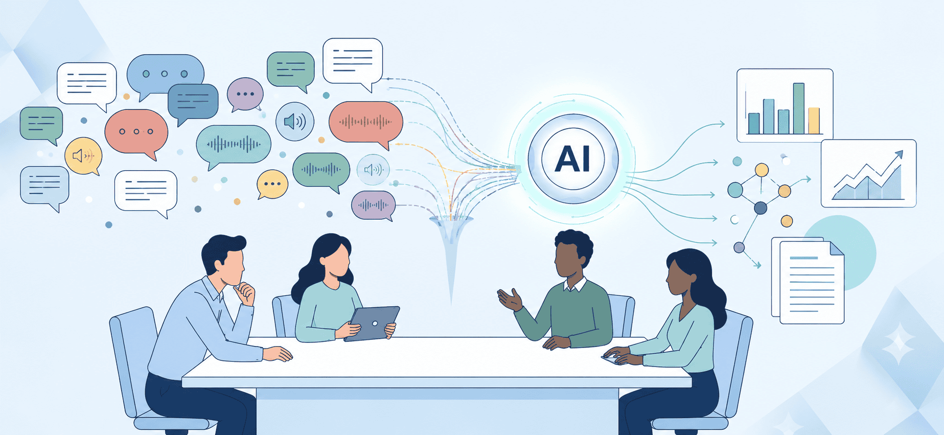 graphic depicting people around table with ai taking meeting notes for later use
