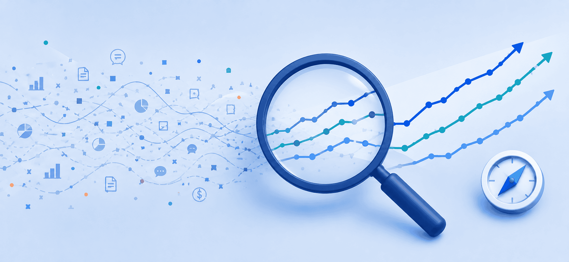 Graphic of market signals coming in one side of a magnifying glass as chaos but being organized on the other. Depicts market trend analysis by a product manager
