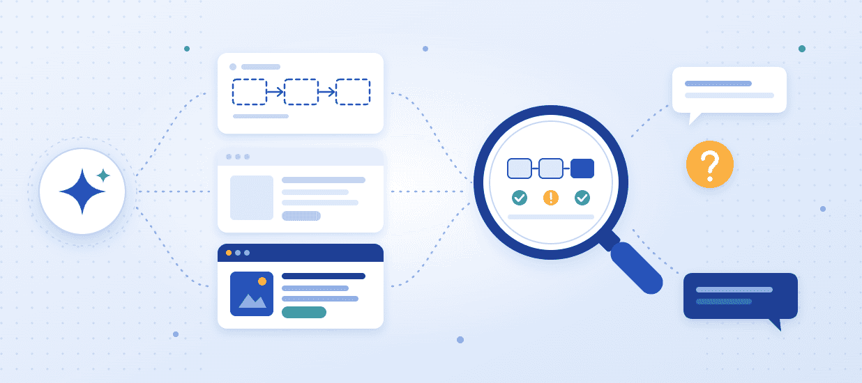 Illustration of an AI tool generating three prototypes of increasing detail, a magnifying glass reviewing one, and customer feedback bubbles