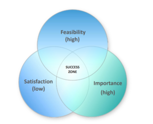 market problem to be solved A venn diagram showing the intersection between low satisfaction with existing solutions, high importance to customers, and high feasibility for companies. The intersection of those 3 variables is labeled "Success Zone".