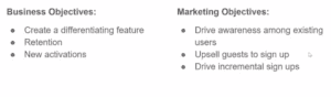 Business Objectives (create a new differientiation feature, retention, new activations) and Marketing Objectives (Drive awareness among existing users, upsell guests, and incremental signups) 