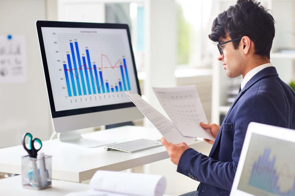 Businessman researching "what is data analysis?"